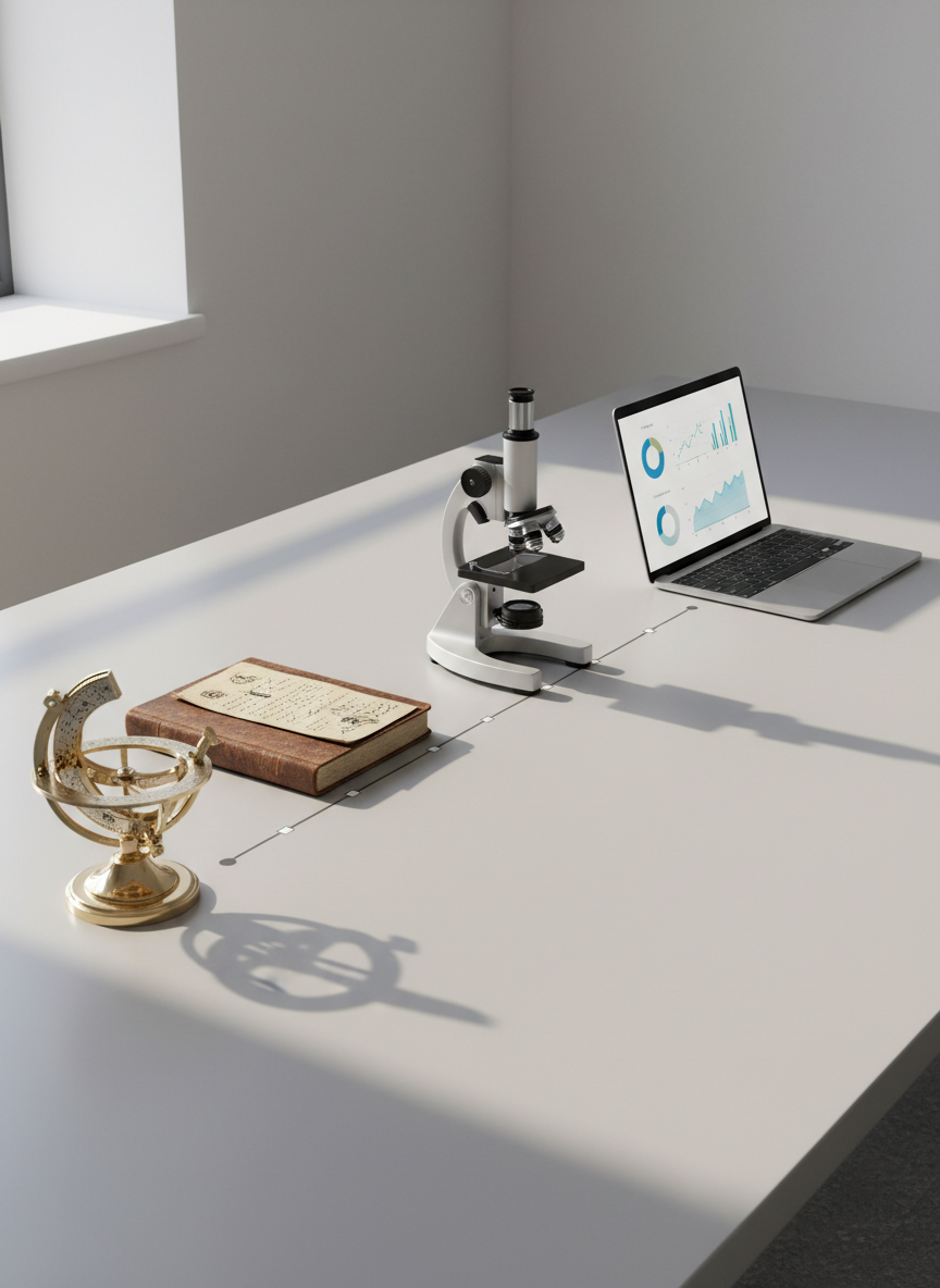 A long, minimalist timeline of science history laid out across a pristine white desk, with carefully arranged artifacts: a brass astrolabe with fine engravings, a worn leather-bound alchemy notebook, a sleek modern microscope, and a slim silver laptop displaying clean graphs. The surface is a matte, pale grey, echoing corporate workspaces. Soft, diffused daylight from an unseen window to the left creates gentle, controlled shadows and subtle reflections on the metal instruments. Shot from a slightly elevated, wide angle with a strong horizontal composition, the image has sharp focus throughout. The mood is analytical and professional, with a photographic realism and neutral tones that communicate rigor, structure, and continuity in the evolution of scientific thought.
