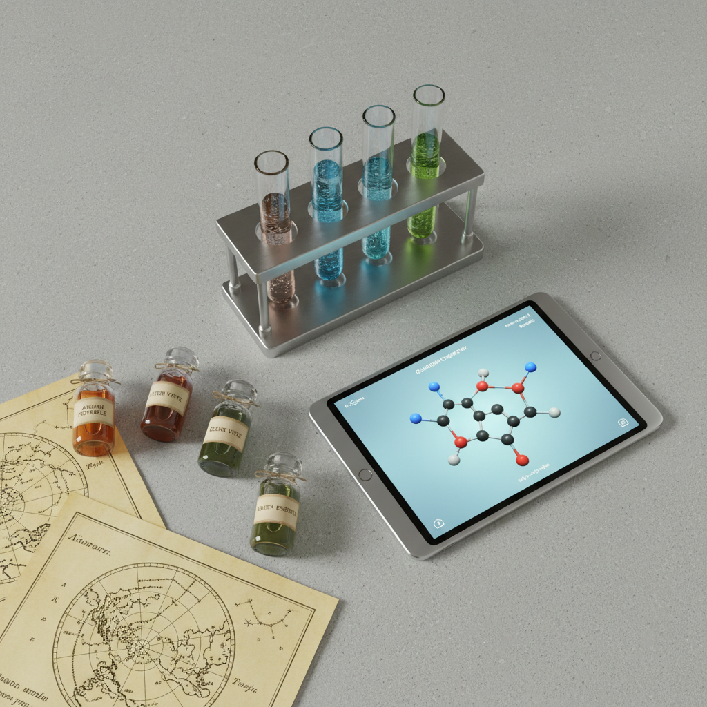 A precisely arranged flat lay of scientific papers and instruments transitioning from old to new: crisp reproductions of parchment star charts, neatly labeled glass alchemical vials with muted amber liquids, a mid-century metal test tube rack, and a contemporary tablet showing a cleanly designed molecule model. Everything rests on a smooth, cool-grey surface with subtle texture. Overhead, evenly diffused studio lighting eliminates harsh contrasts while preserving soft shadows for depth. The composition follows a diagonal from bottom left (ancient) to top right (modern), symbolizing progress. Photographic realism with a clean, corporate aesthetic and balanced composition creates a calm, methodical atmosphere that suits a professional history of science blog header.